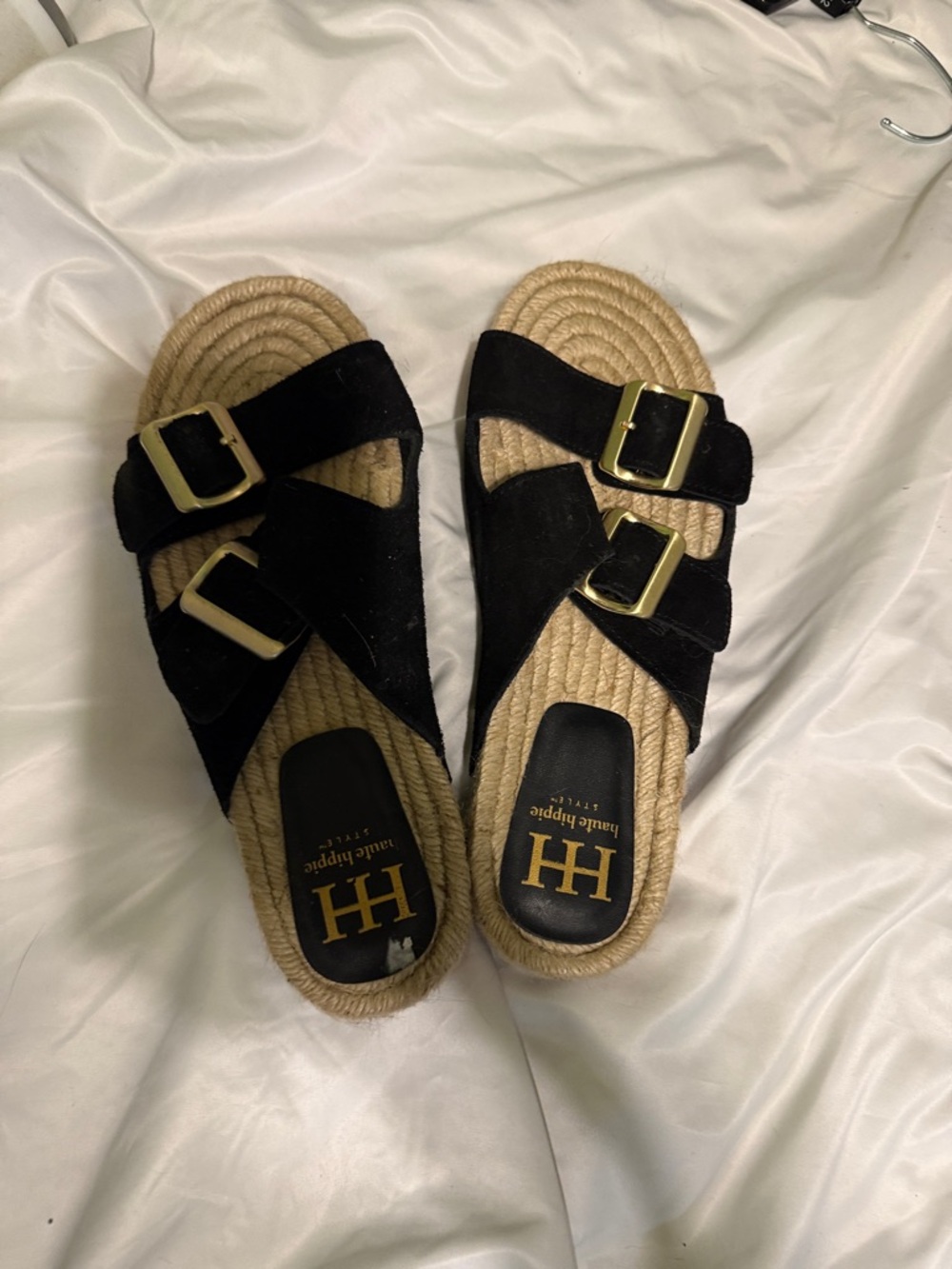 Haute Hippie Black Suede Double-Buckle Slide Sandals with Jute Footbed